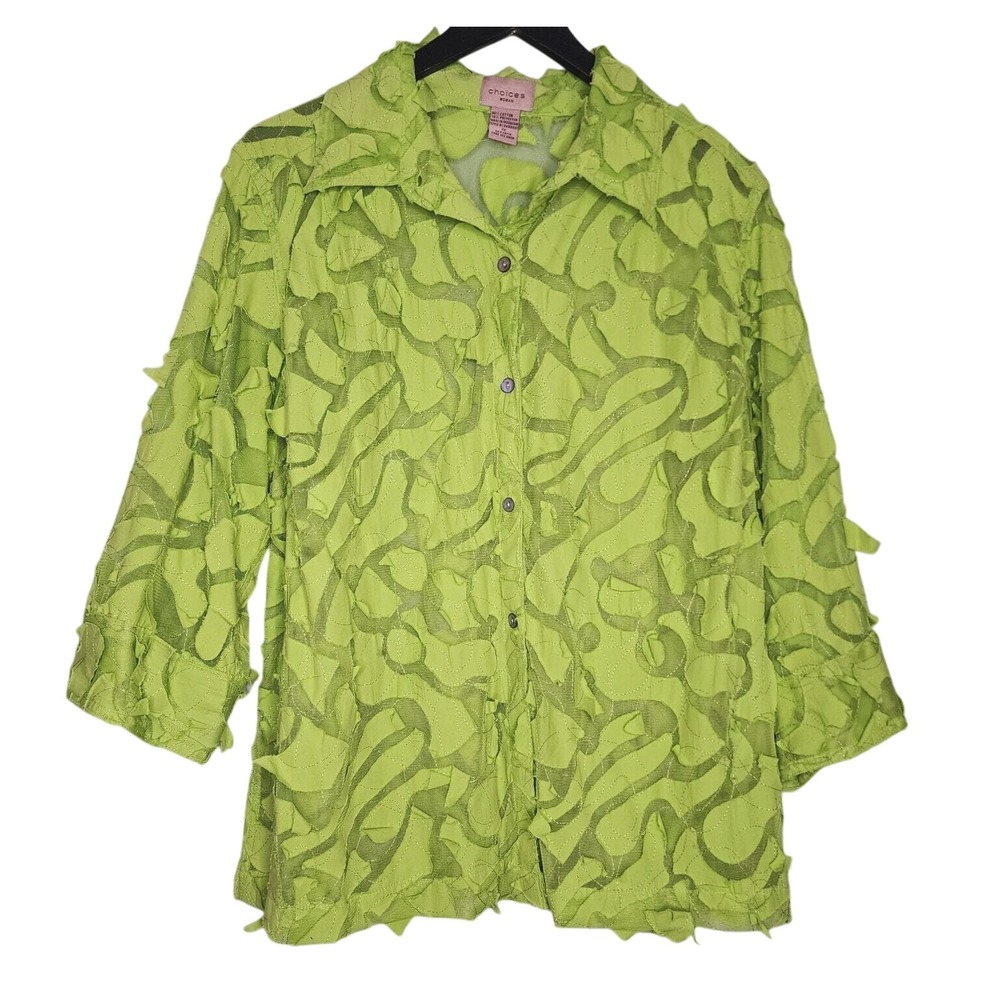 Choices Woman Lime Green Textured Mesh Button Down Shirt Plus 1X LEMB0031